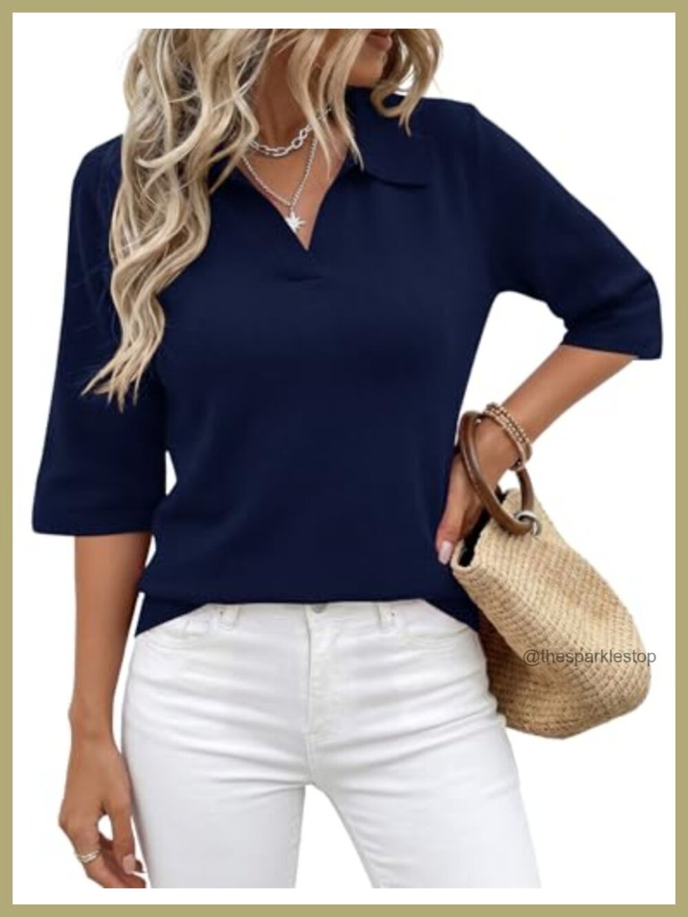 Rapbin Women's 3/4 Sleeve Polo Sweater Knitted Collared Pullover Top